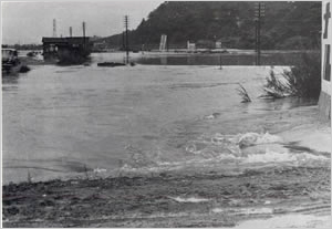 加古川水系新井堰水路の氾濫及び内水による国鉄線路及び水田の浸水（加古川市西大野付近）