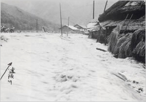 流木等のため堰上げられた後橋脚が流失し落橋した大薮橋（養父市[旧養父町]大薮付近）