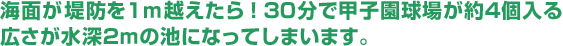 海面が堤防を1ｍ越えたら！30分で甲子園球場が約4個入る広さが水深2ｍの池になってしまいます。